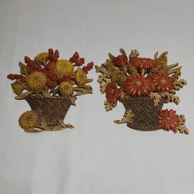 Vintage Burwood Wall Hangers 1970’s Wild Flowers In Basket Fall Decor MCM