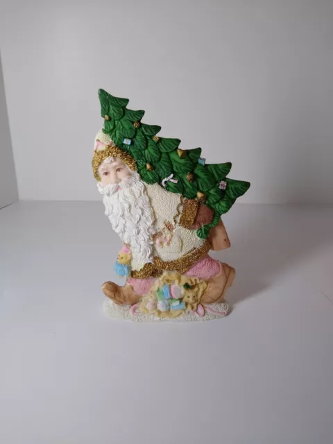 Pink Resin Santa Figurine Carrying Christmas Tree 7"x4" Vintage