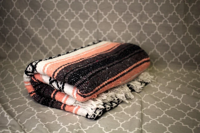 NEW! HN Authentic Mexican Blankets - Hand Woven Blanket - Grey Pink