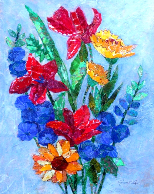 JANET LEO  sfa   ORIGINAL MIXED MEDIA   collage  WITH LOVE   floral