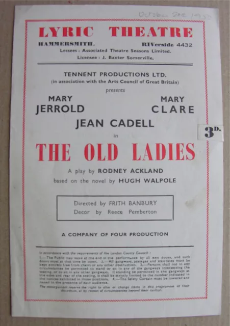 1950 THE OLD LADIES Rodney Ackland Mary Jerrold, Mary Clare, Jean Cadell, Lyric