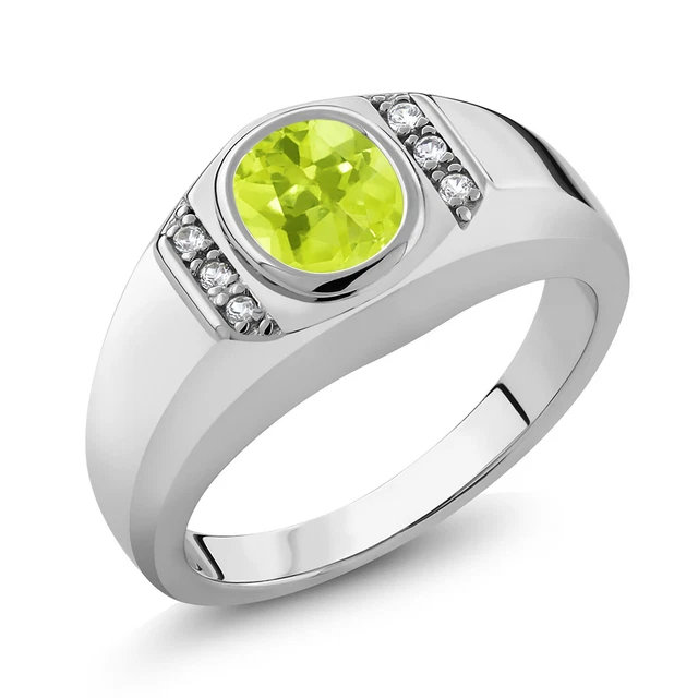 1.16 Ct Yellow Lemon Quartz White Created Sapphire 925 Silver Men's Ring