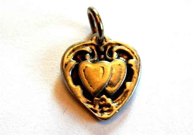 Vintage 925 Sterling Silver Double Heart Charm for Bracelet or Necklace Pendant