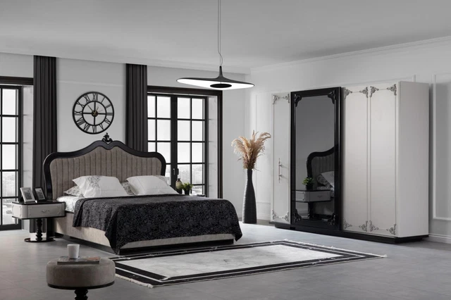Chambre à Coucher Set Penderie Lit 2 X Table de Chevet Complet Neuf Beige