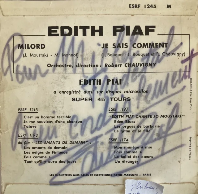 Edith PIAF - Signature autographe sur pochette disque 45 tours Milord -  TOUS NOS AUTOGRAPHES/MUSIQUE 