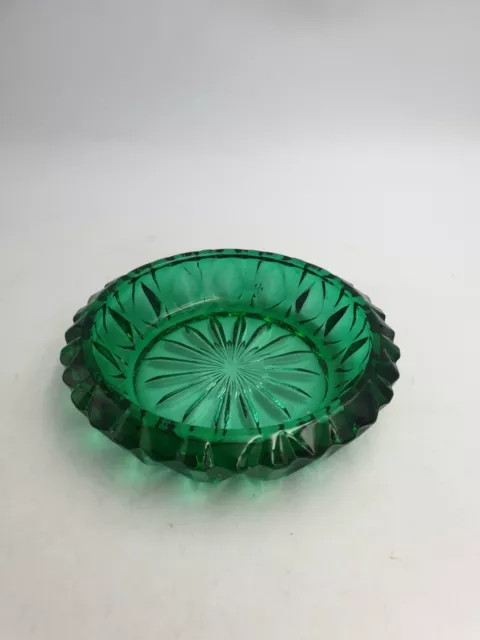 Vintage Emerald Green Cut Glass Bon Bon Dish Ashtray Flower Base Scalloped Edge