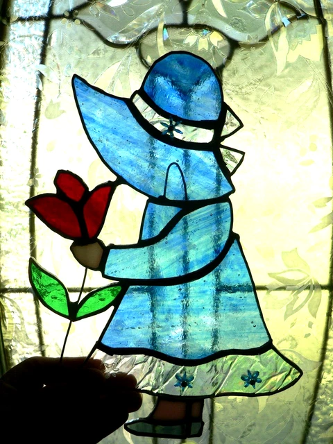 Beautiful Stained Glass Bonnet Girl with Red Tulip Window Suncatcher.