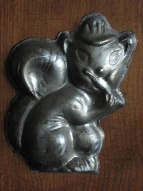 Antique Metal Squirrel Chocolate Candy Mold 4.5 " on wood plaque Front Only