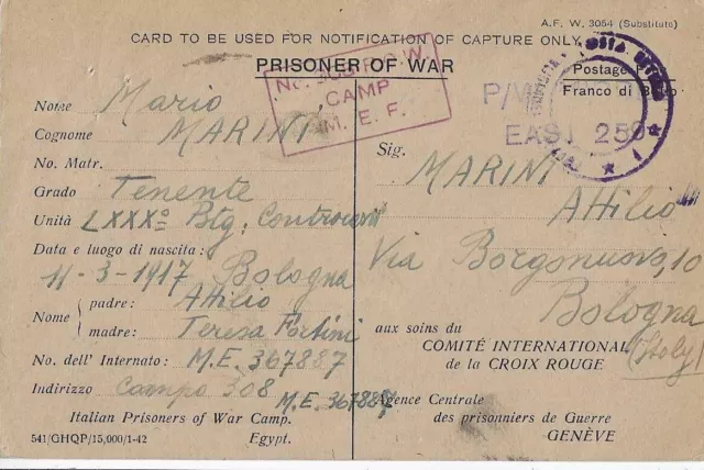 CARTOLINA PRIGIONIERI POW CAMP 308 ALEXANDRIE EGITTO 1943 x BOLOGNA CATTURA