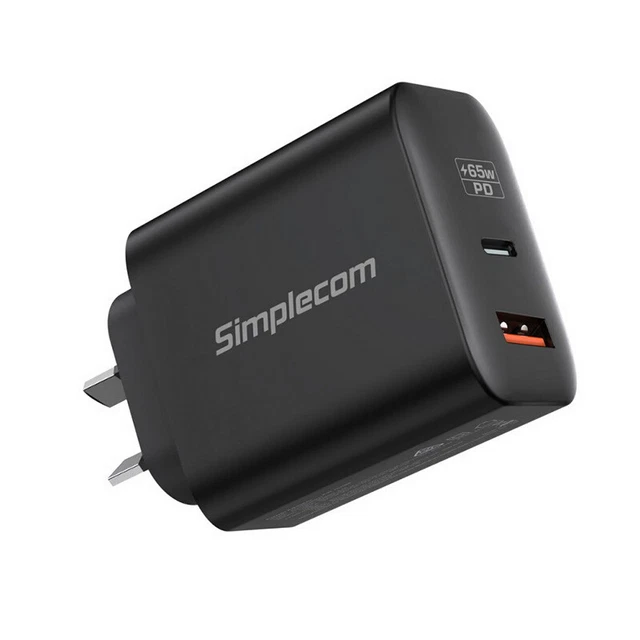 Simplecom CU265 Dual Port PD 65W USB-C + USB-A GaN Fast Wall Charger for Phone a