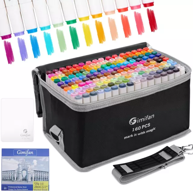 ART MARKERS 160 Marking Pen Set with Carrying Case and Stand Dual Tip ...