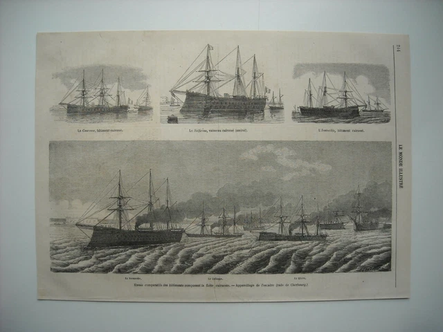 Gravure 1863. Rade De Cherbourg. Compara Batiments Composant La Flotte Cuirassee