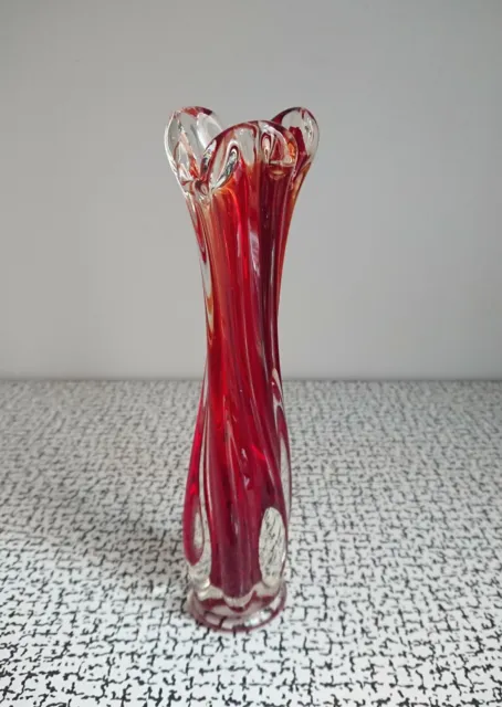 50s 60s Retro Vintage Red Orange & Clear Murano Freeform Art Glass Bud Stem Vase