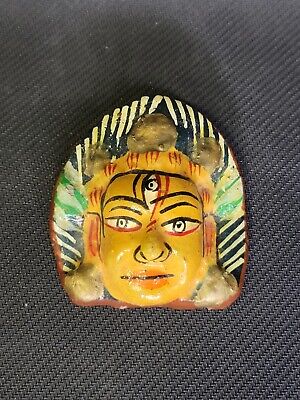 Paper Mache Mask 3" from Nepal Vintage Yellow Hand Painted Small Decorative 3