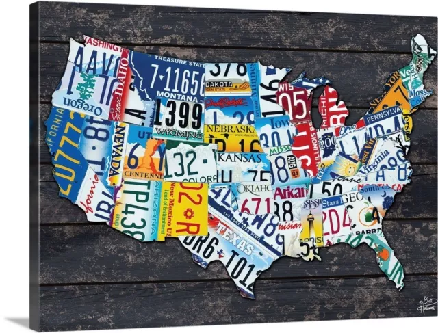 USA License Plate Map Canvas Wall Art Print, Car Home Decor