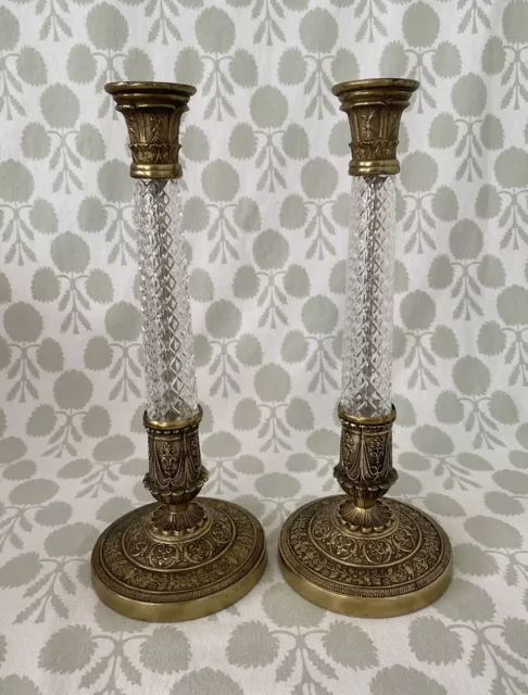 Vintage Pair French Empire Style Gilt Bronze and Crystal Candlesticks