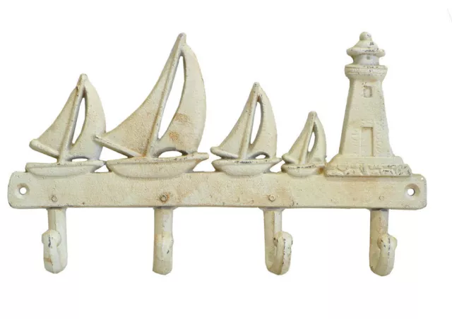 Mr Gecko Sailboat / Beacon Cast Iron Wall 4 Hooks Hand Made Antique White