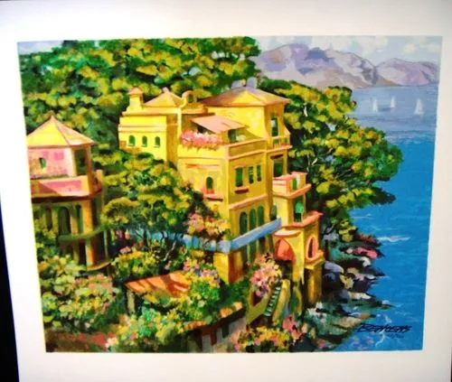 Howard Behrens "Villa Portofino" Mediterranean Sea Cliff View Signed/# Serigraph