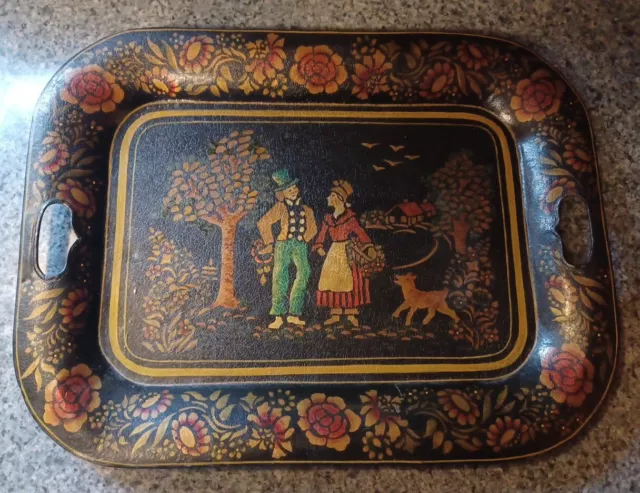 Antique 19th Century Toleware Hand Painted Tray Courtship Man Woman Dog Folk Art