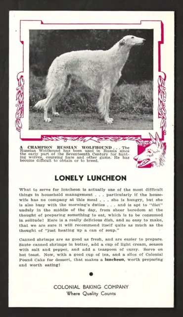 1938 BORZOI Bread Card DOG CARD Colonial BAKERY Weekly Buletin RUSSIAN WOLFHOUND