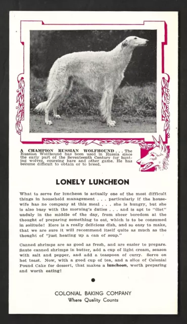 Borzoi Dog Card Bread 1938 Colonial Bakery Weekly Bulletin Russian Wolfhound