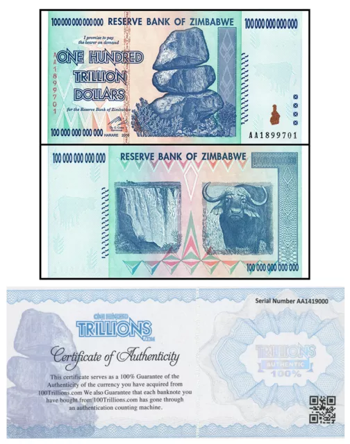 Zimbabwe 100 Trillion Banknote 1 Note AA/2008, UNC. COA .. PARKER special 2