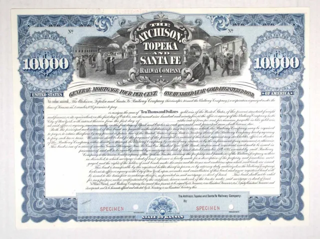 Atchison Topeka & Santa Fe Railway Co. 1976. $10,000 Registered 4% Specimen Bond