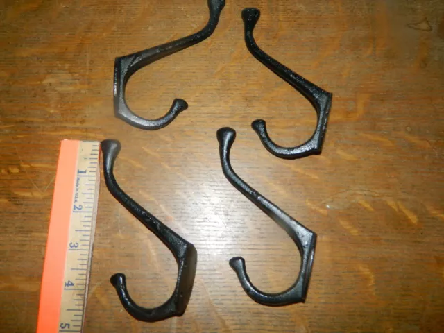 Set/4 Old Style 4 3/4" Tall Iron Double Hook Wall Mounted Coat hat Hooks