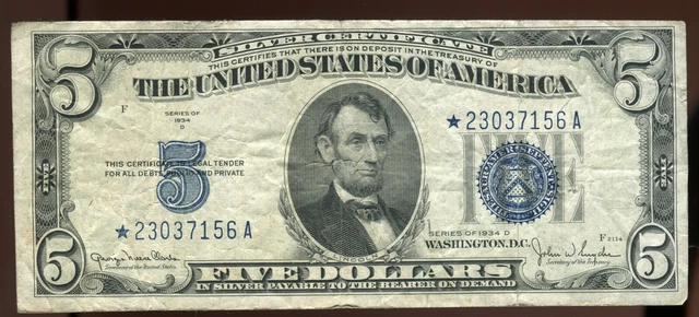 1934-D $5 Silver Certificate Rare Star | VF++ | FR-1654* | Free Shipping | OCEK