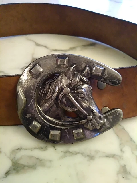Ceinture Femme En Cuir Véritable Marron Avec Strass Et Fers à Cheval - Style Western