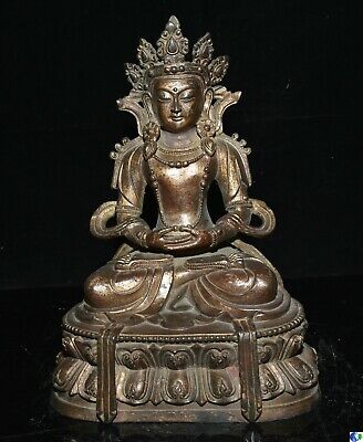 10.4"Vieux Tibet Bronze Doré Bouddhisme Amitayus longévité Dieu Déesse Sculpture