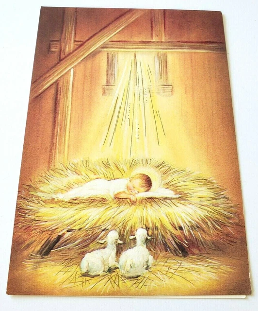 Vintage Christmas Card Embossed Sleeping Baby Jesus with Lambs Watching Over Him