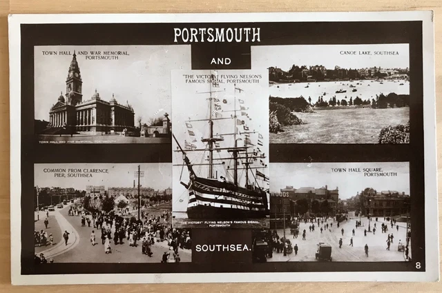 Vintage RP Postcard Portsmouth & Southsea Multivew 1929 Postmark