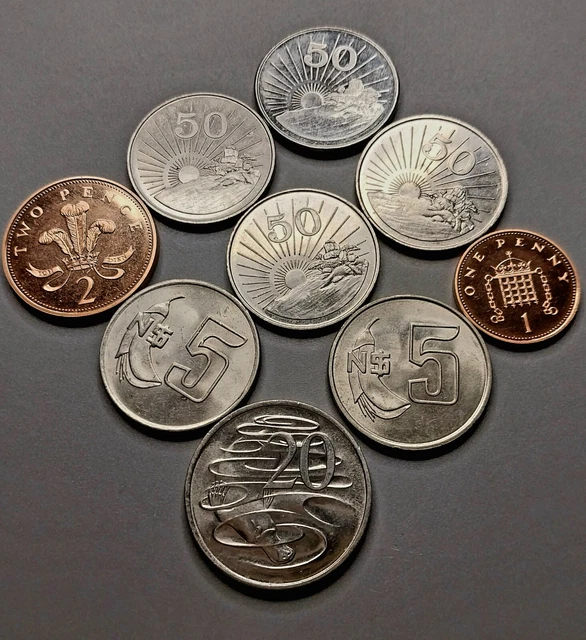 Set of 9 coins PROOF Unc United Kingdom Zimbabwe Uruguay Australia S4