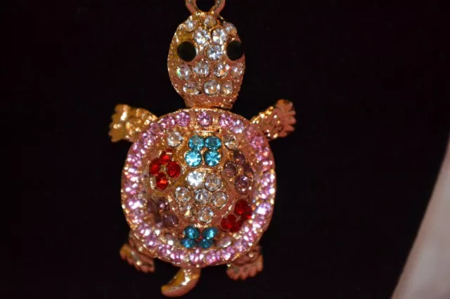 Betsey Johnson Pink Crystal Cute Turtle Pendant Chain Sweater Necklace -BJ34