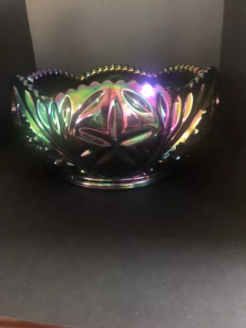 LE Smith Carnival Glass Bowl 7.5 Inch Iridescent Sawtooth Hobstar Daisy Amethyst