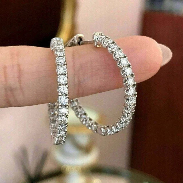 Hoop Earrings 3Ct Round Cut Lab-Created Diamond Solitaire 14K White Gold Plated