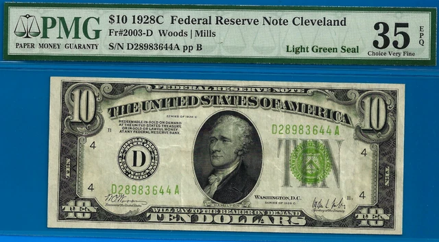 1928C $10 Federal Reserve Note PMG 35EPQ Cleveland light green seal Fr 2003-D