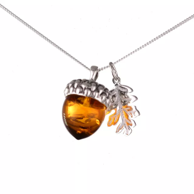 Sterling Silver Pendant Acorn Amber Natural Brown 925 18'' Chain