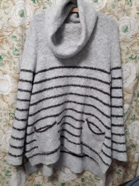 White Stuff Jumper Grey Large Cowl Neck 3/4 Sleeve Alpaca Wool Mix Pockets