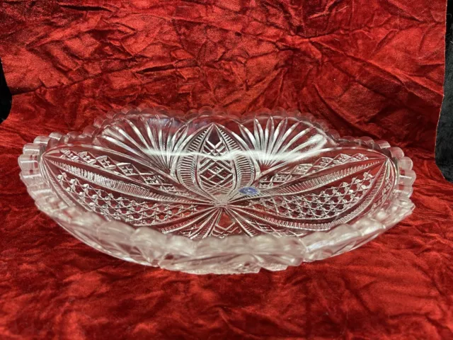 Vtg Imperial Cut Crystal Bowl Sawtooth Scalloped 8” X  10” 2.5”D Signed Gorgeous