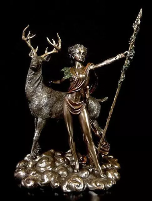 Göttin Diana Figur mit Hirsch und Speer - Jagd Deko Statue Skulptur bronziert