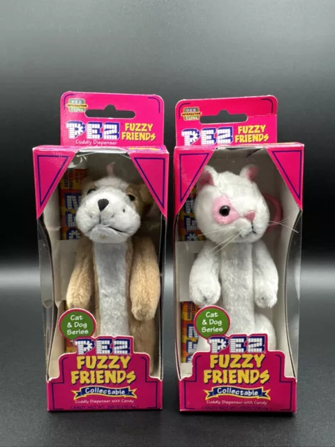 PEZ Fuzzy Friends Dog Candy Dispenser Lot of 2 Brutis Bulldog & Snowball The Cat