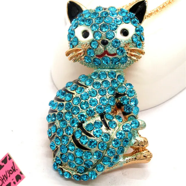 New Betsey Johnson Blue Bling Rhinestone Cute Cat Crystal Pendant Chain Necklace