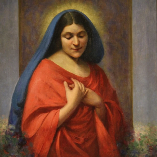 Cuadro religioso pintura Virgen oleo sobre lienzo fechada marco 900 arte sacro