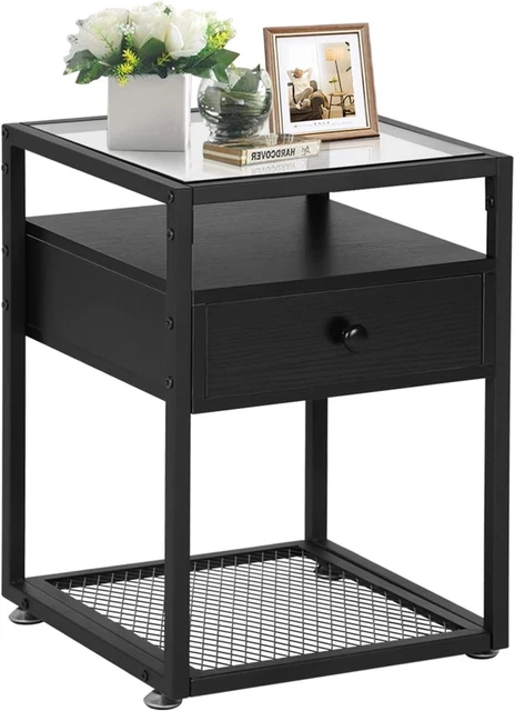 VECELO Nightstands with Tempered Glass Top Shelf End Side Table Brown