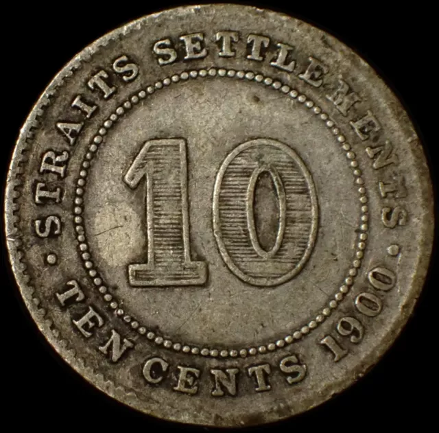 Straits Settlements 10 Cents 1900 Victoria Silver Coin WCA 5886