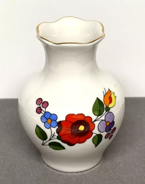 KALOCSA Porcelain Vase Hand Painted in Hungary Floral with Gold Trim 4" Tall