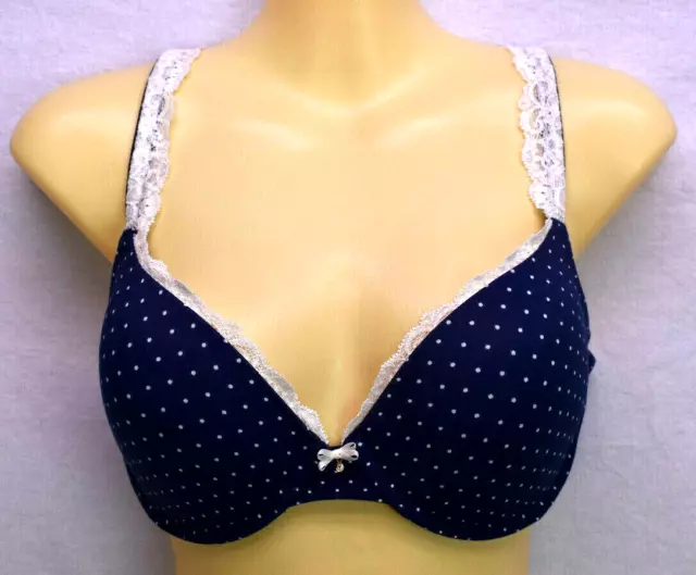 SOMA EMBRACEABLE PUSH Up Lace Trim Underwire Navy White Polka Dot