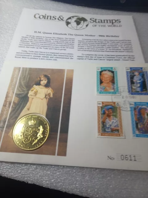TURKS & CAICOS 1990 Queen Mother 1 Crown Coin Cover